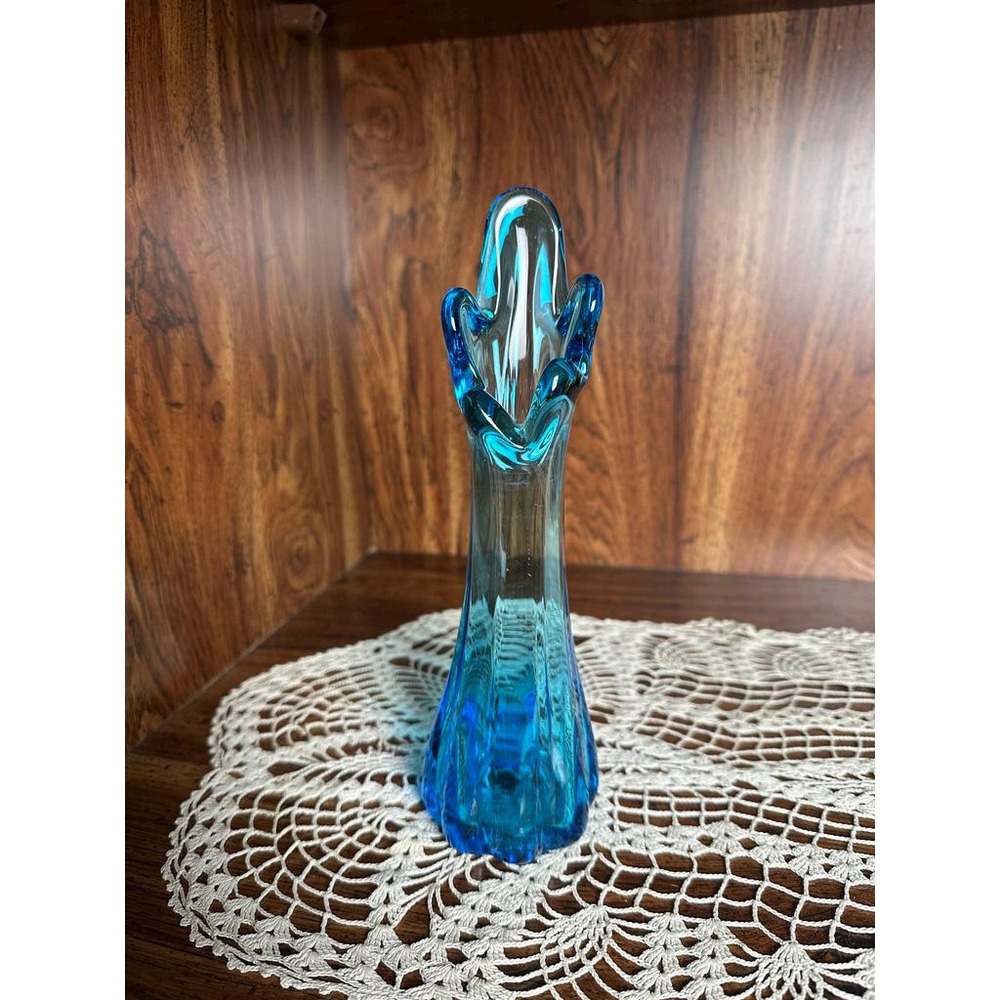 Vintage Aqua Blue Swung Stretch Glass Vase | MCM 6 Finger Ribbed Pedestal